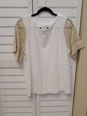 NWOT j.jill White 💯 % cotton crochet sleeve knit top white brown capsule boho L
